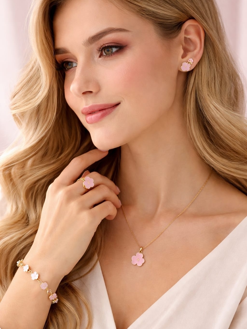 Delicate Pink Flower Gold-Plated Pendant Necklace